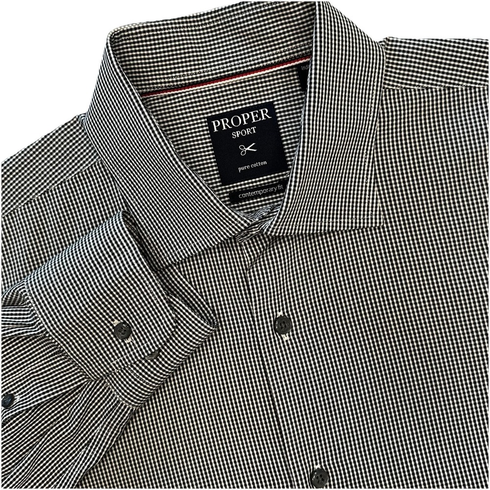 Proper Sport Mens Large Pure Cotton Micro Check Gingham Button Down Shirt Black
